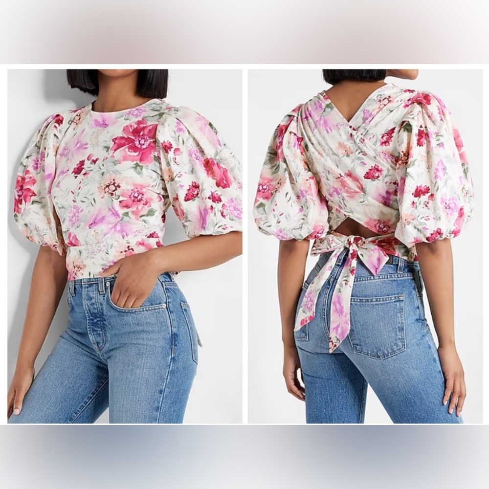 Express Puff Sleeve Floral Tie Back Top Size Small - Picture 3 of 15